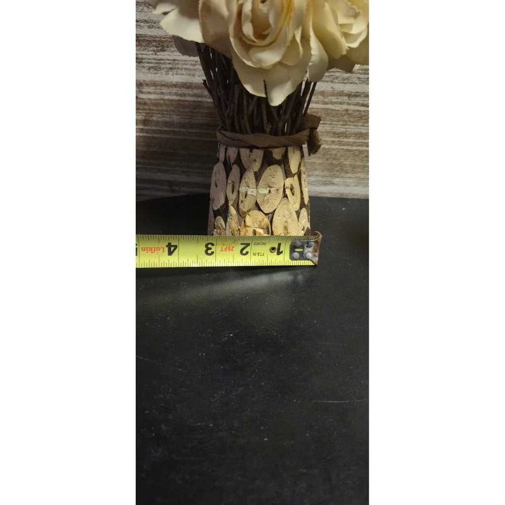 Cream Faux Rose Floral Arrangement in Rustic Wood Slice Base Farmhouse‎ Decor